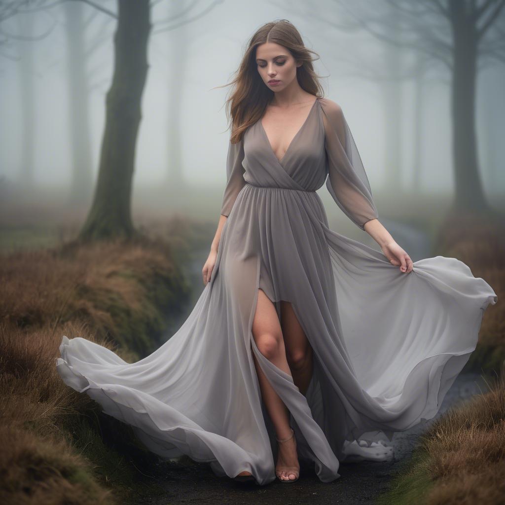 A stunning image of welsh beauty in a flowing chiffon dress captured under mysterious rolling fog.