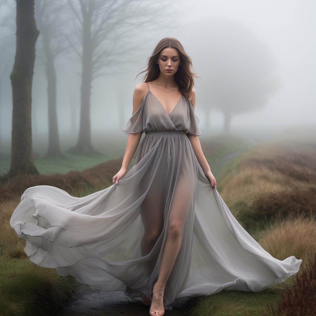 A stunning image of welsh beauty in a flowing chiffon dress captured under mysterious rolling fog.