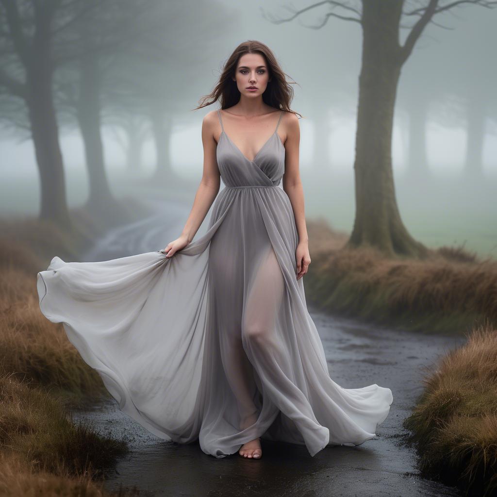 A stunning image of welsh beauty in a flowing chiffon dress captured under mysterious rolling fog.