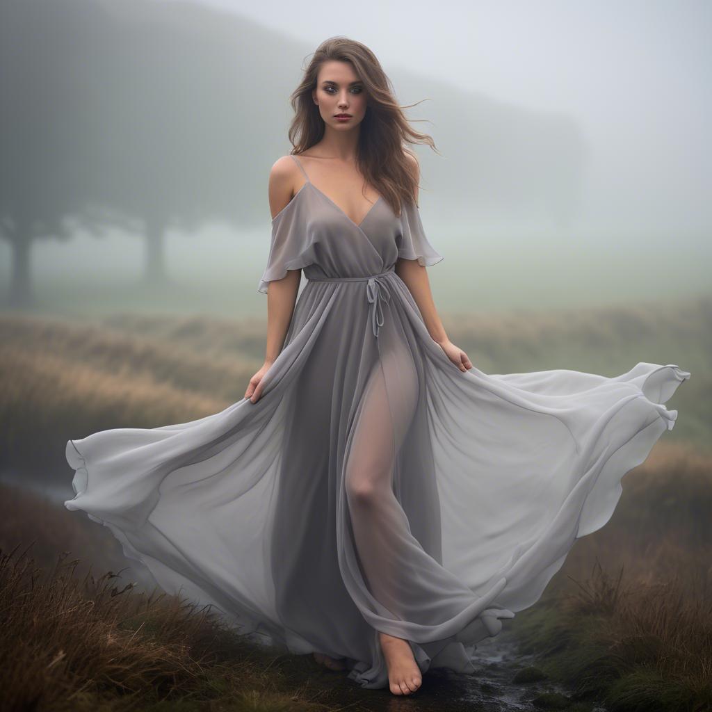 A stunning image of welsh beauty in a flowing chiffon dress captured under mysterious rolling fog.