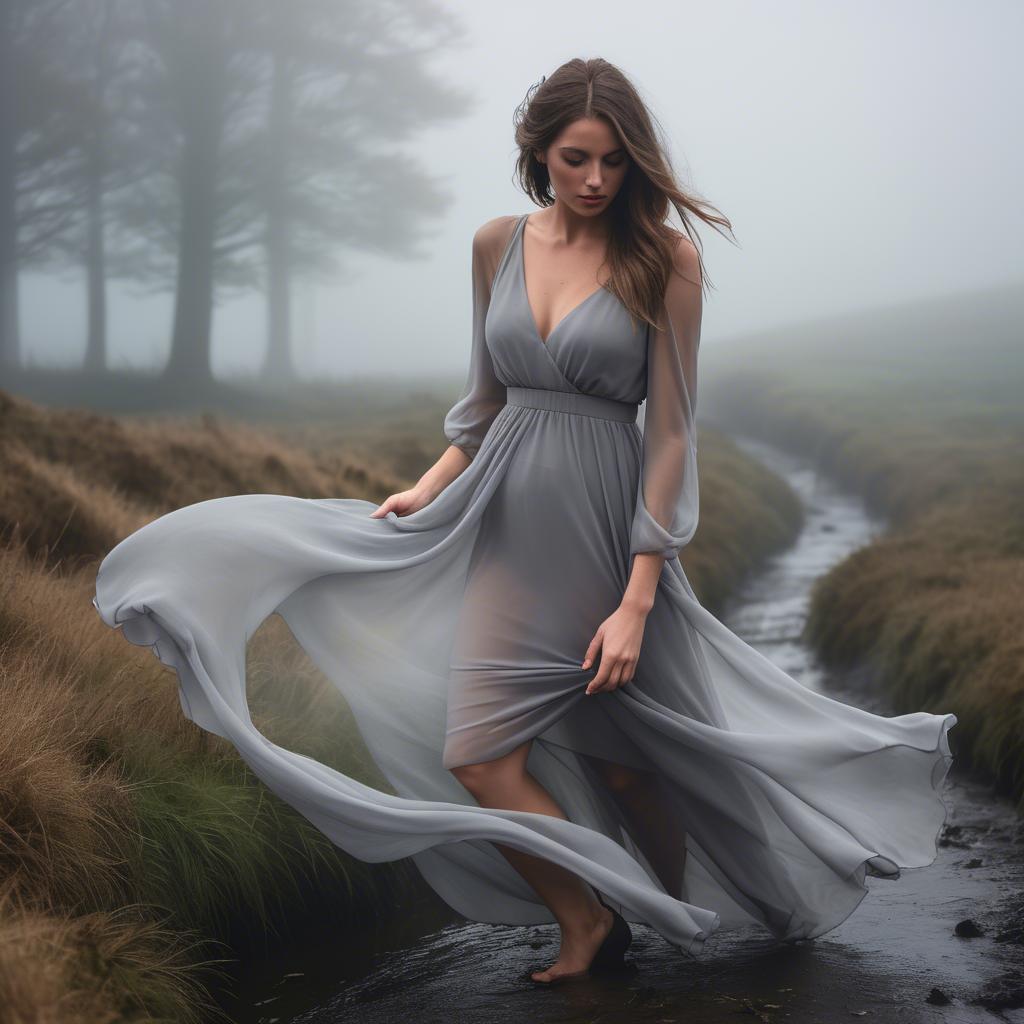 A stunning image of welsh beauty in a flowing chiffon dress captured under mysterious rolling fog.