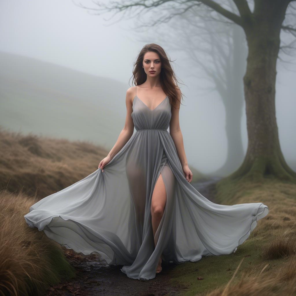 A stunning image of welsh beauty in a flowing chiffon dress captured under mysterious rolling fog.