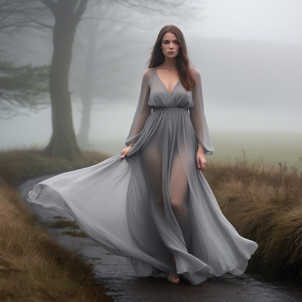 A stunning image of welsh beauty in a flowing chiffon dress captured under mysterious rolling fog.