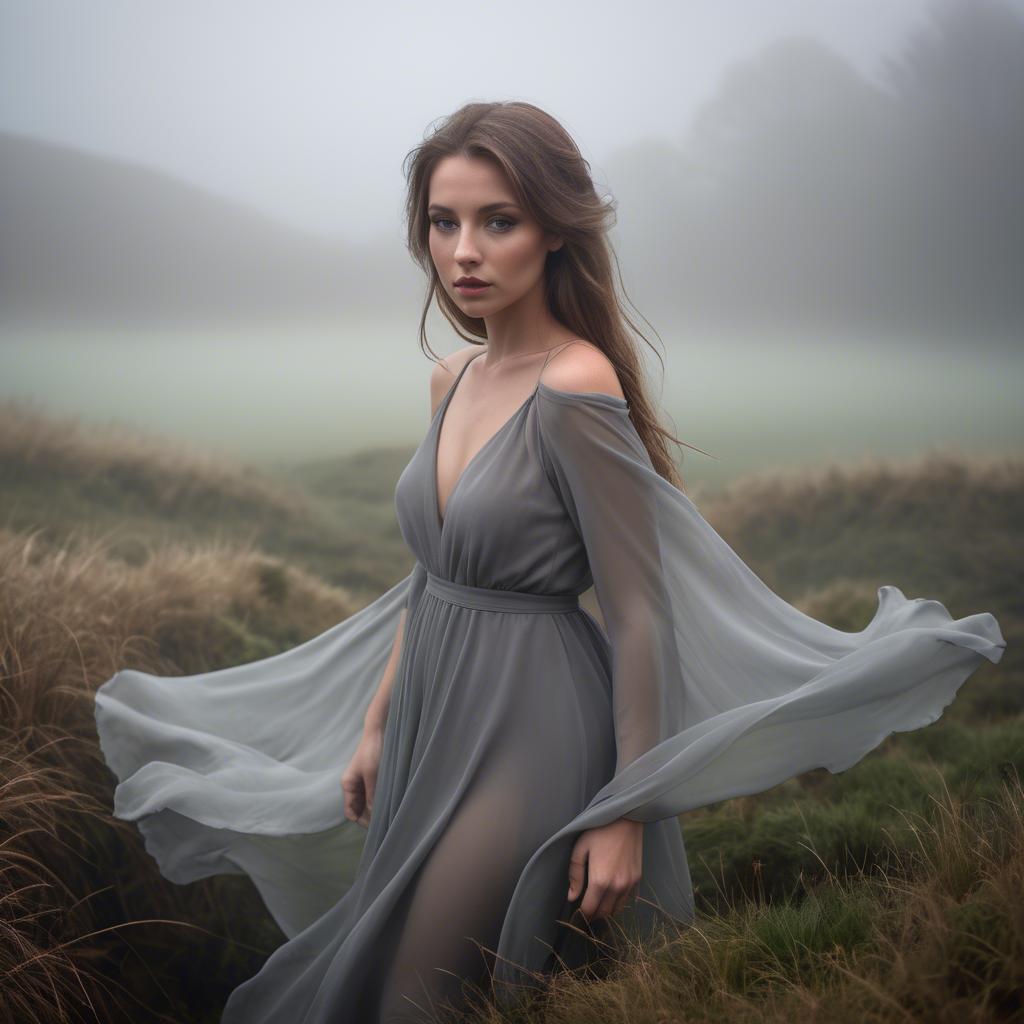 A stunning image of welsh beauty in a flowing chiffon dress captured under mysterious rolling fog.
