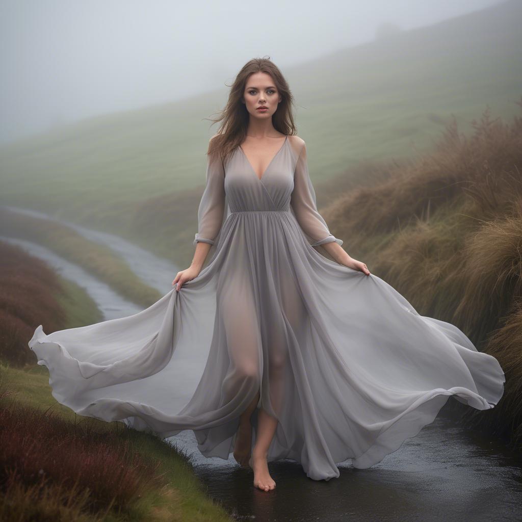 A stunning image of welsh beauty in a flowing chiffon dress captured under mysterious rolling fog.