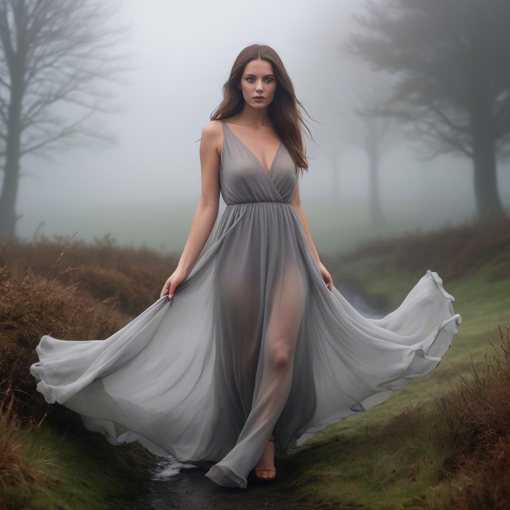 A stunning image of welsh beauty in a flowing chiffon dress captured under mysterious rolling fog.