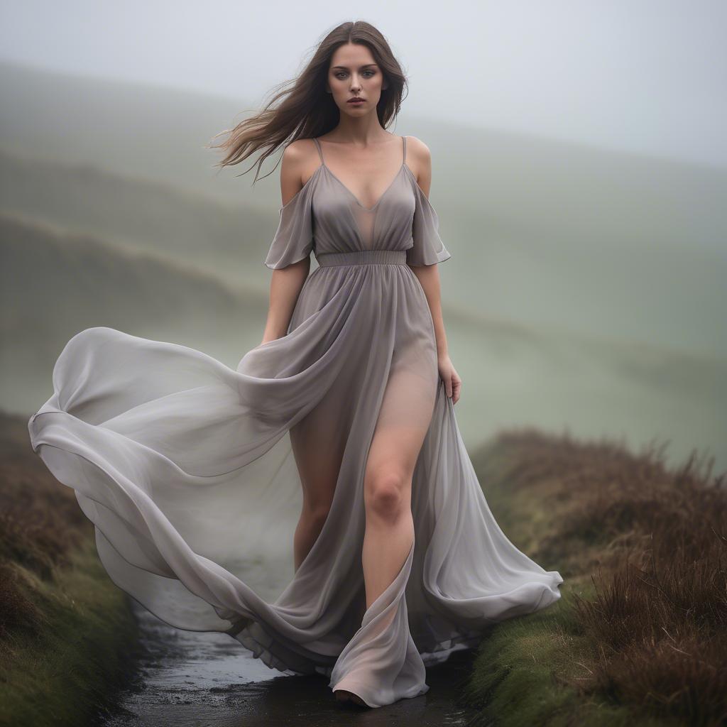 A stunning image of welsh beauty in a flowing chiffon dress captured under mysterious rolling fog.