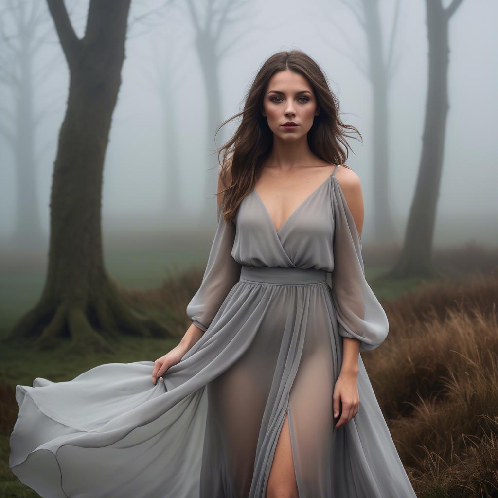 A stunning image of welsh beauty in a flowing chiffon dress captured under mysterious rolling fog.
