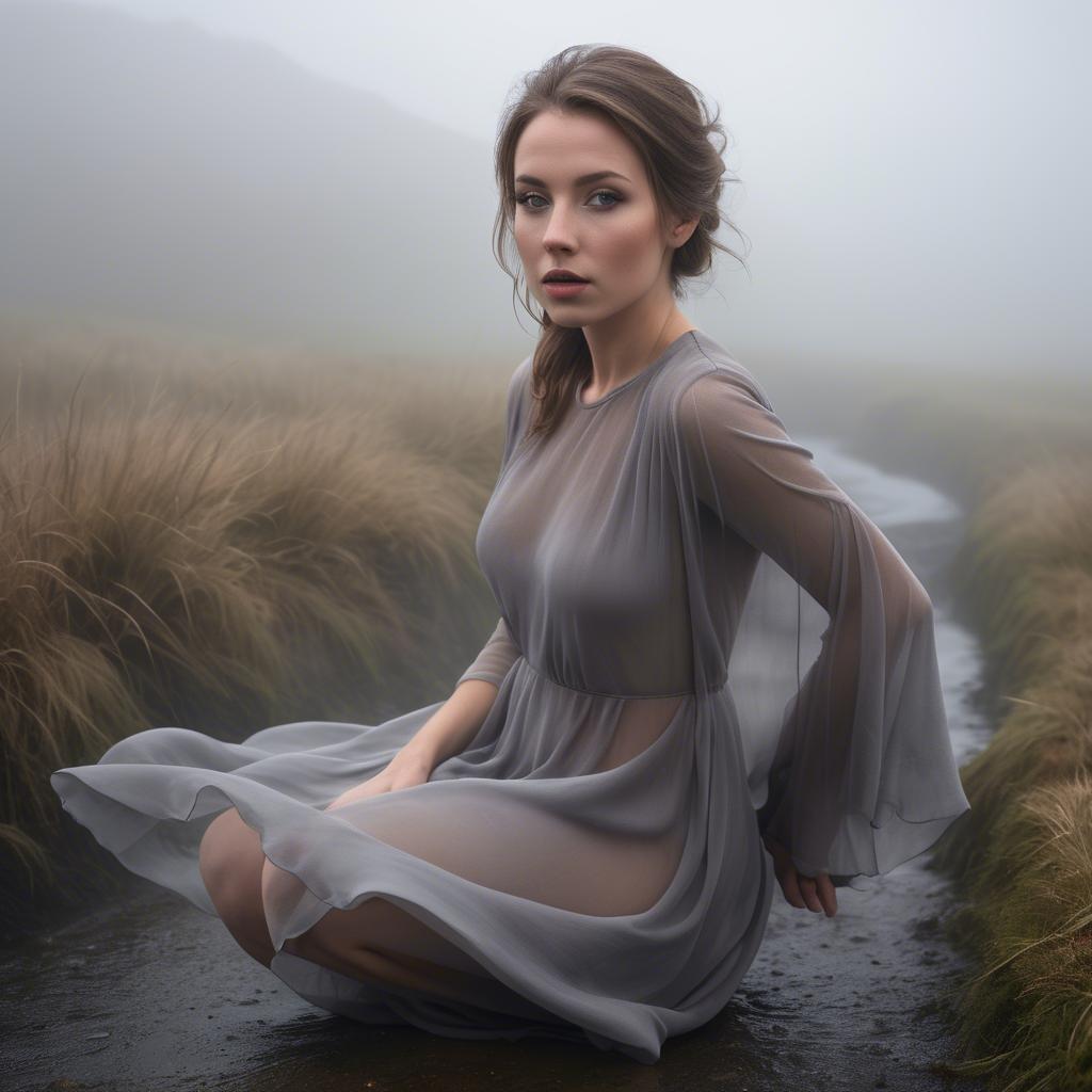 A stunning image of welsh beauty in a flowing chiffon dress captured under mysterious rolling fog.
