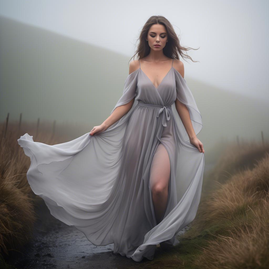 A stunning image of welsh beauty in a flowing chiffon dress captured under mysterious rolling fog.