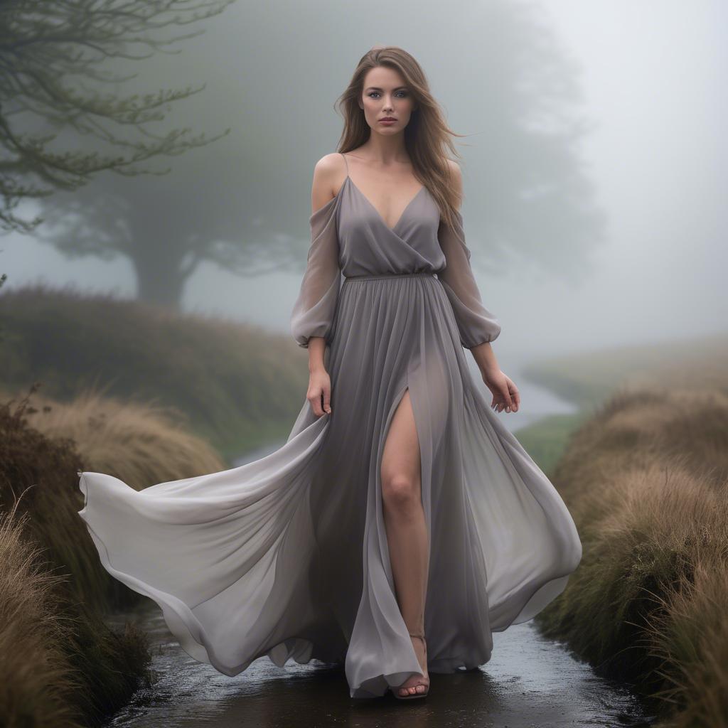 A stunning image of welsh beauty in a flowing chiffon dress captured under mysterious rolling fog.