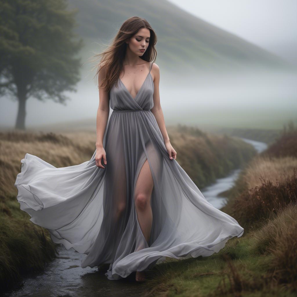 A stunning image of welsh beauty in a flowing chiffon dress captured under mysterious rolling fog.