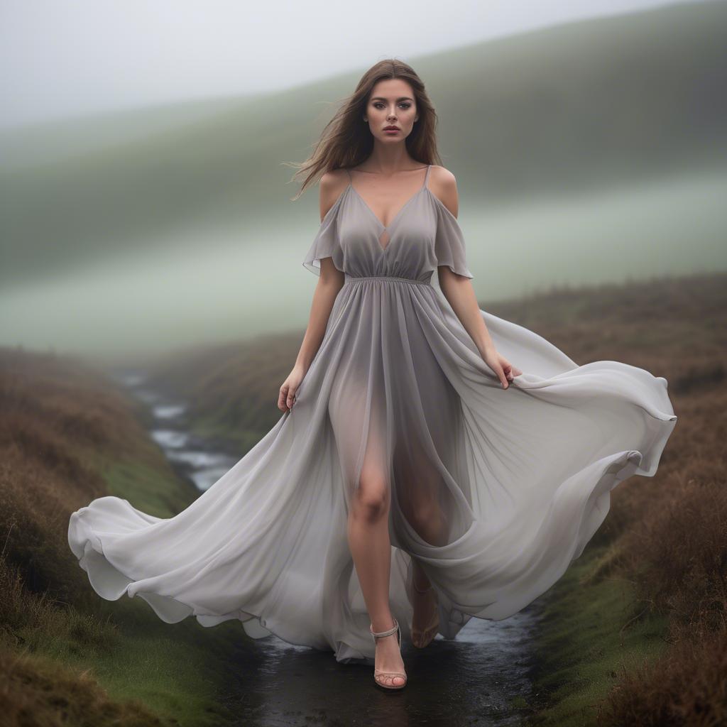 A stunning image of welsh beauty in a flowing chiffon dress captured under mysterious rolling fog.
