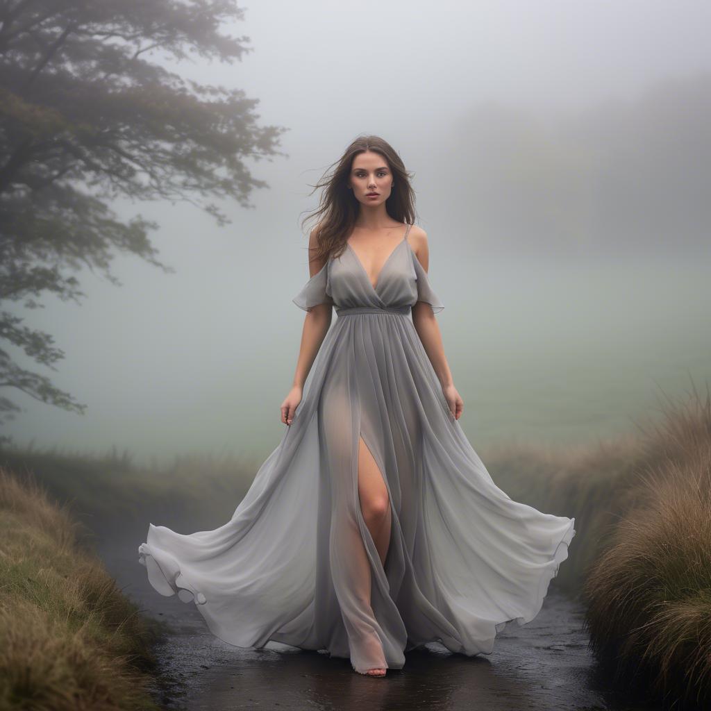 A stunning image of welsh beauty in a flowing chiffon dress captured under mysterious rolling fog.