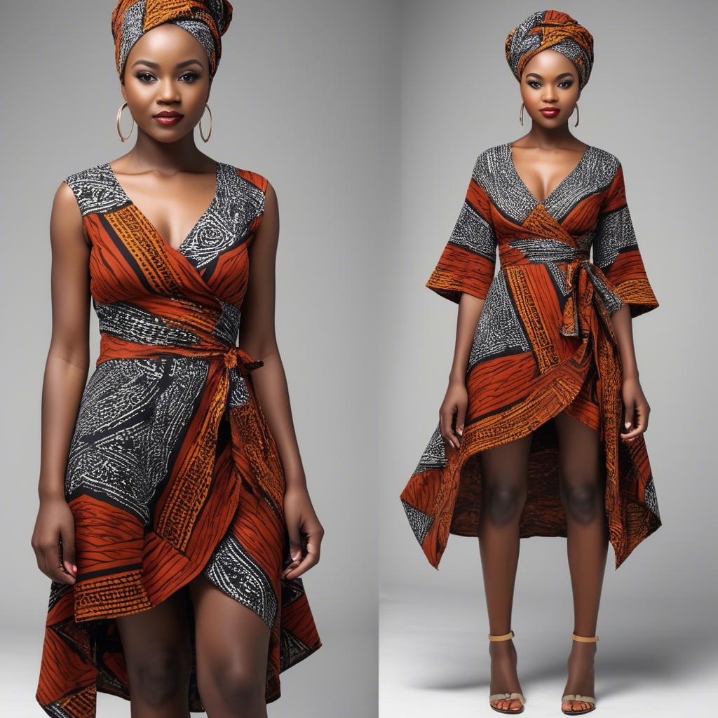 A stunning image of zambian model in a stylish modern wrap dress accented by bold tribal patterns.