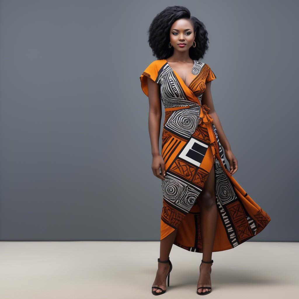 A stunning image of zambian model in a stylish modern wrap dress accented by bold tribal patterns.