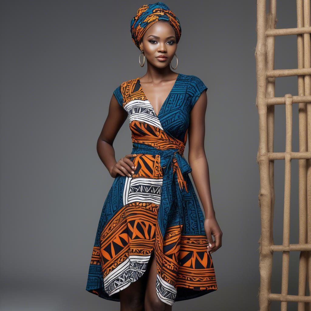 A stunning image of zambian model in a stylish modern wrap dress accented by bold tribal patterns.