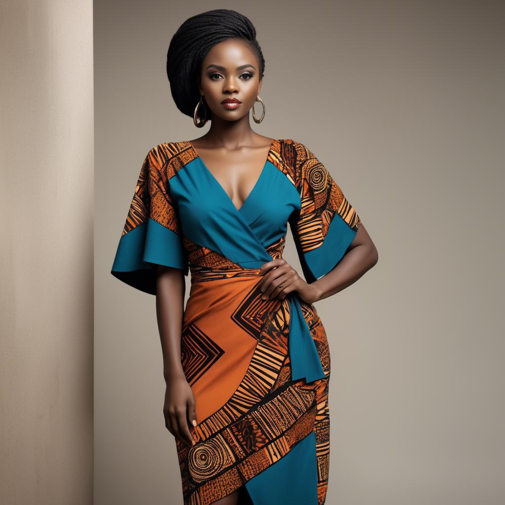 A stunning image of zambian model in a stylish modern wrap dress accented by bold tribal patterns.