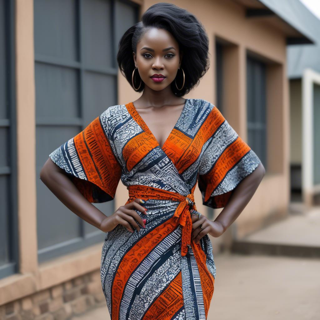 A stunning image of zambian model in a stylish modern wrap dress accented by bold tribal patterns.