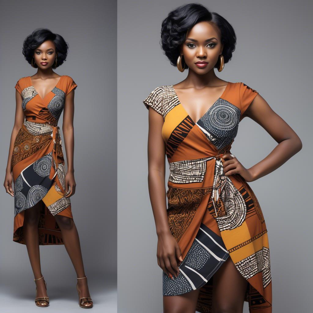 A stunning image of zambian model in a stylish modern wrap dress accented by bold tribal patterns.