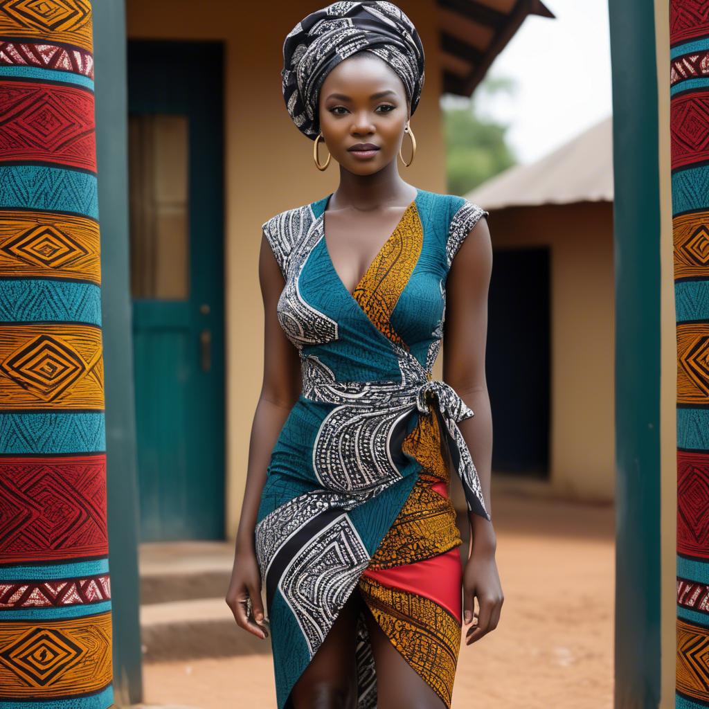 A stunning image of zambian model in a stylish modern wrap dress accented by bold tribal patterns.