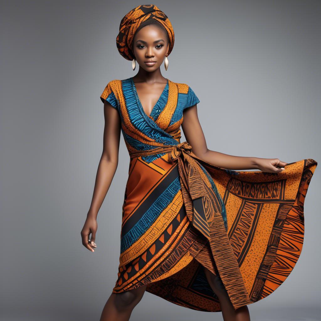 A stunning image of zambian model in a stylish modern wrap dress accented by bold tribal patterns.
