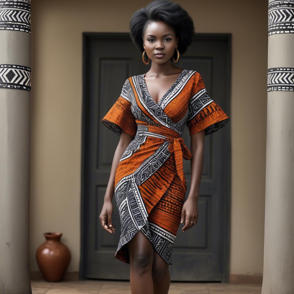 A stunning image of zambian model in a stylish modern wrap dress accented by bold tribal patterns.