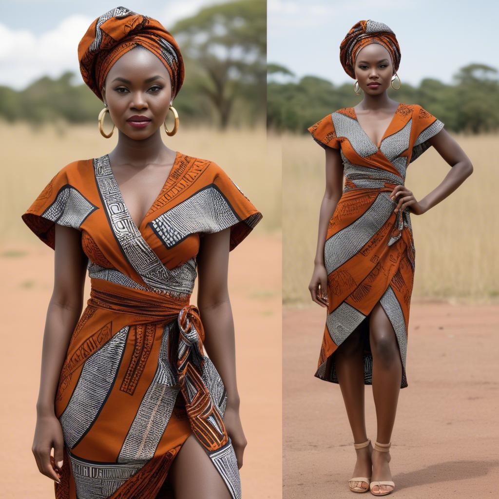 A stunning image of zambian model in a stylish modern wrap dress accented by bold tribal patterns.