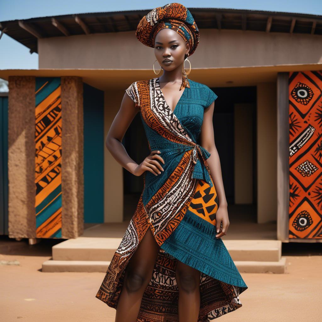 A stunning image of zambian model in a stylish modern wrap dress accented by bold tribal patterns.