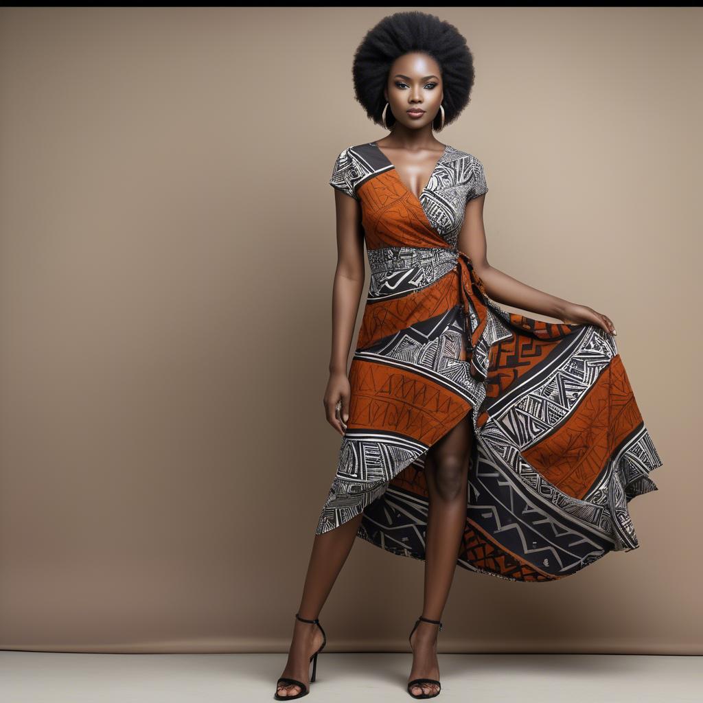 A stunning image of zambian model in a stylish modern wrap dress accented by bold tribal patterns.