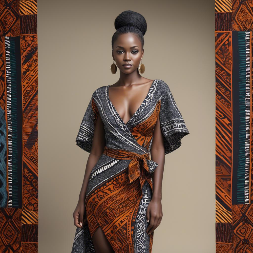 A stunning image of zambian model in a stylish modern wrap dress accented by bold tribal patterns.