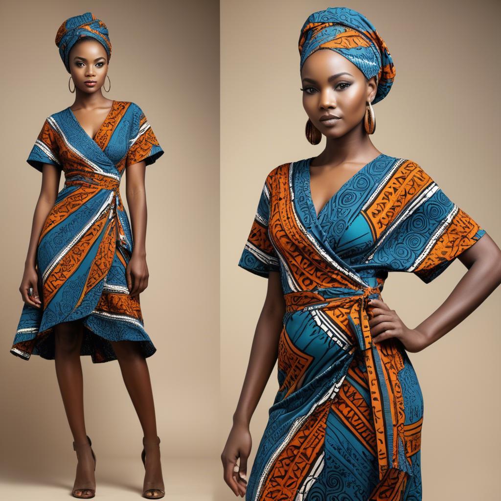 A stunning image of zambian model in a stylish modern wrap dress accented by bold tribal patterns.
