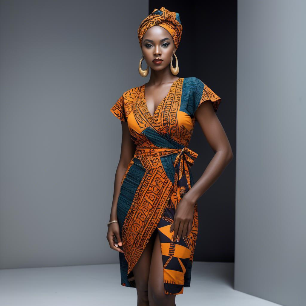 A stunning image of zambian model in a stylish modern wrap dress accented by bold tribal patterns.