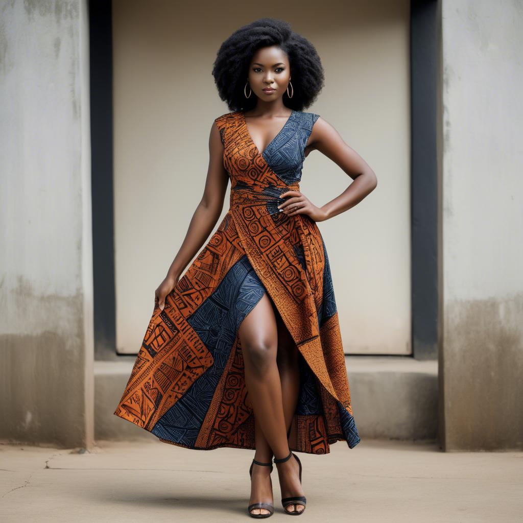 A stunning image of zambian model in a stylish modern wrap dress accented by bold tribal patterns.