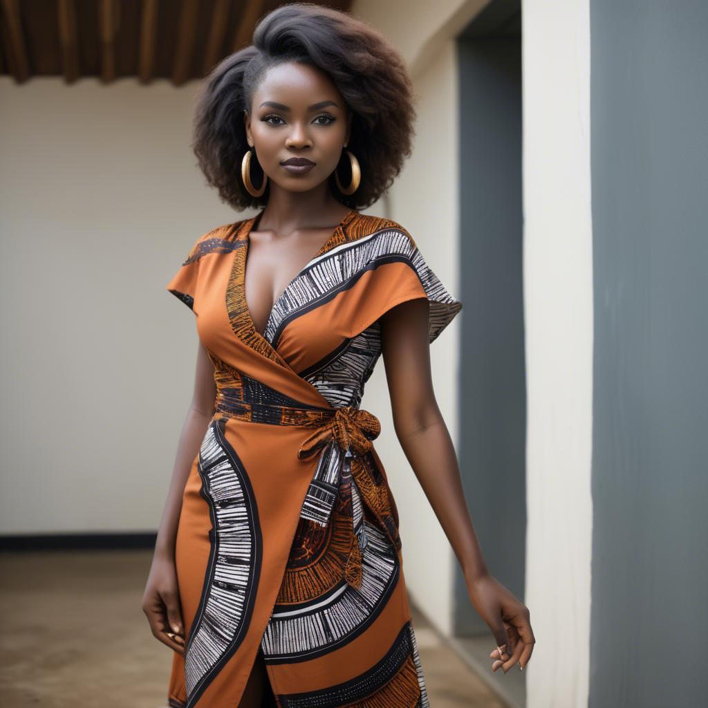 A stunning image of zambian model in a stylish modern wrap dress accented by bold tribal patterns.