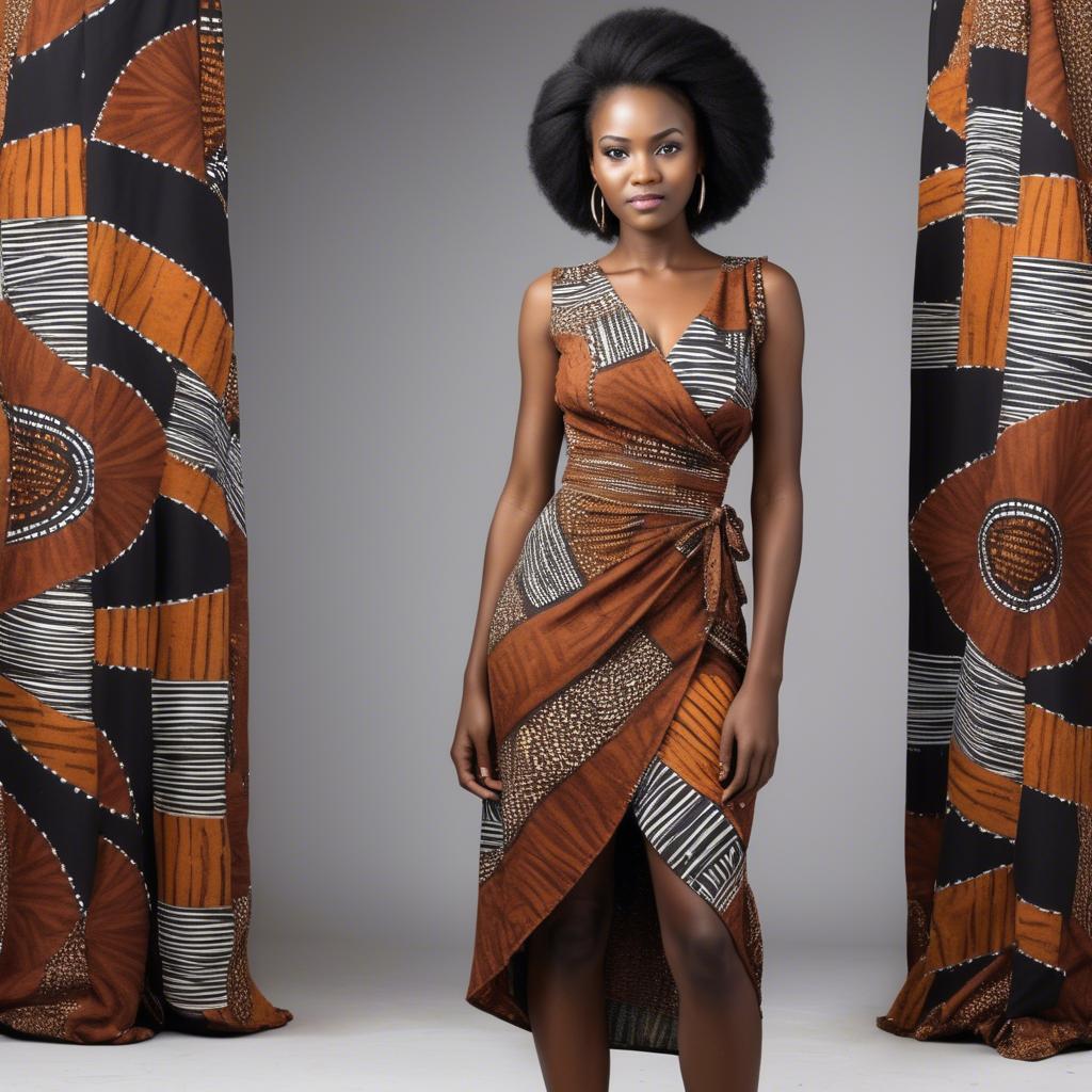 A stunning image of zambian model in a stylish modern wrap dress accented by bold tribal patterns.