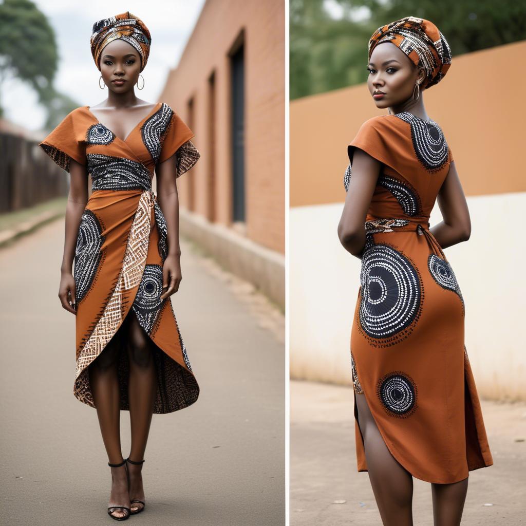 A stunning image of zambian model in a stylish modern wrap dress accented by bold tribal patterns.