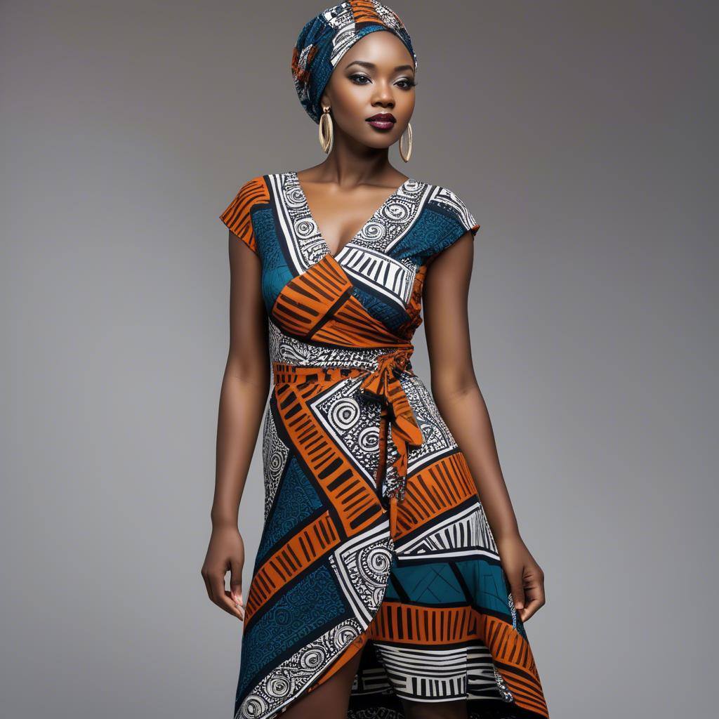 A stunning image of zambian model in a stylish modern wrap dress accented by bold tribal patterns.