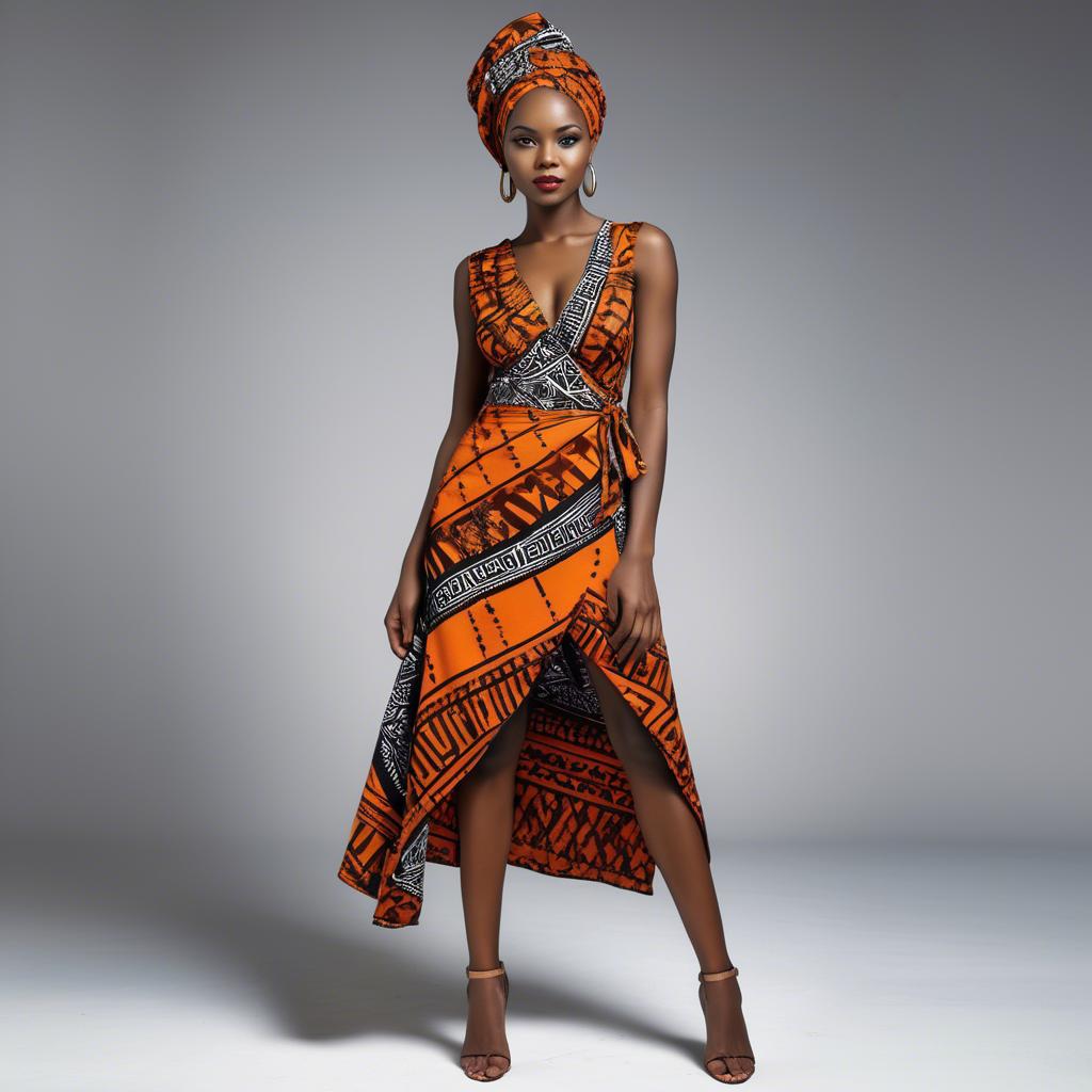 A stunning image of zambian model in a stylish modern wrap dress accented by bold tribal patterns.