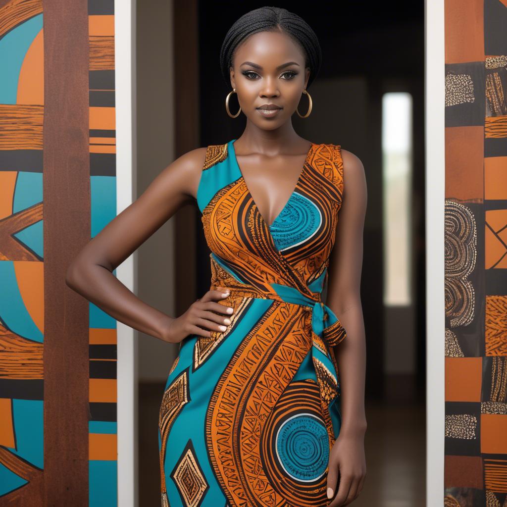 A stunning image of zambian model in a stylish modern wrap dress accented by bold tribal patterns.