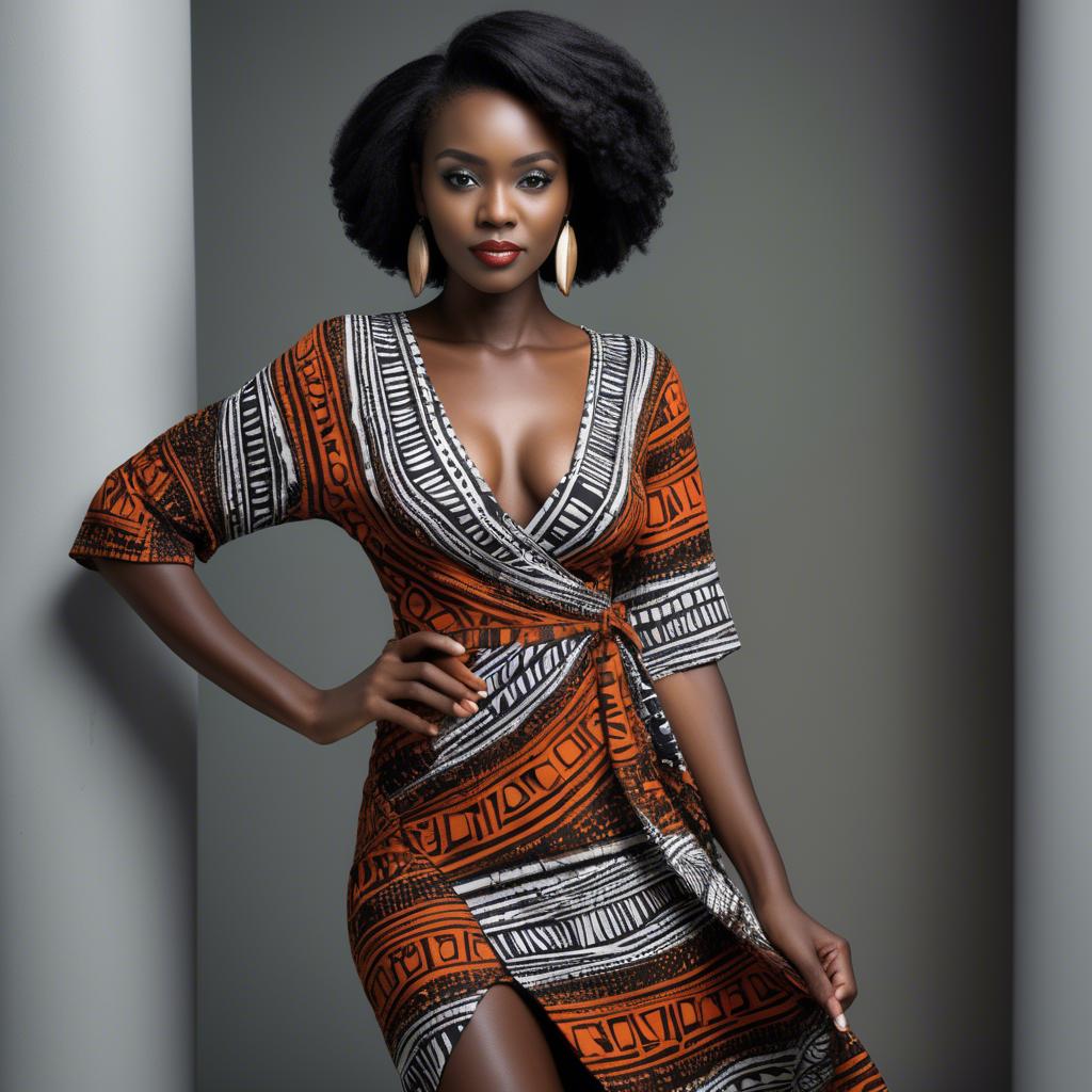 A stunning image of zambian model in a stylish modern wrap dress accented by bold tribal patterns.