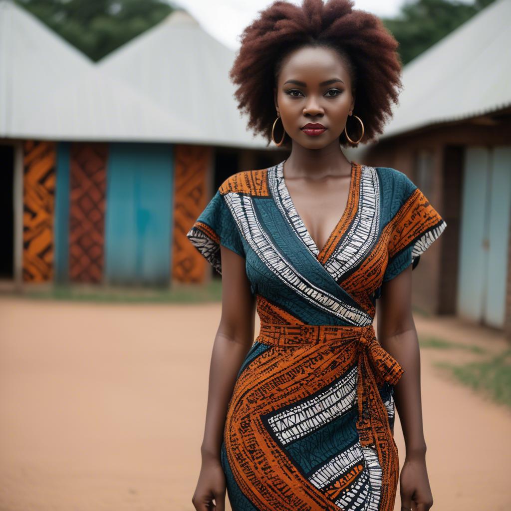 A stunning image of zambian model in a stylish modern wrap dress accented by bold tribal patterns.