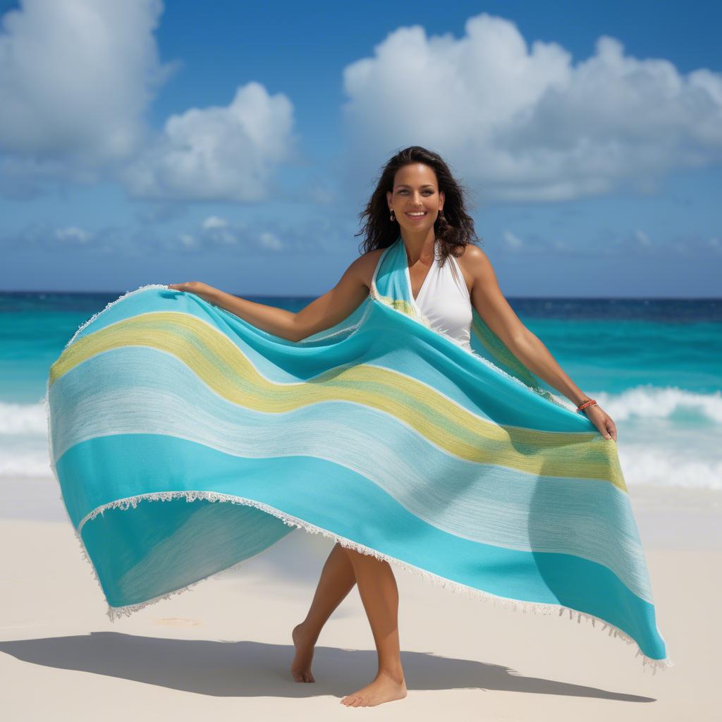 A stunning image of aruban vision in a playful beach wrap, gently caressed by turquoise ocean waves.