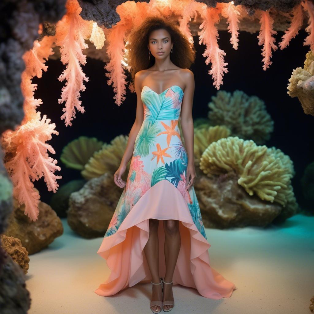 A stunning image of barbudan elegance with a pastel tropical print dress under soft coral reef lighting.