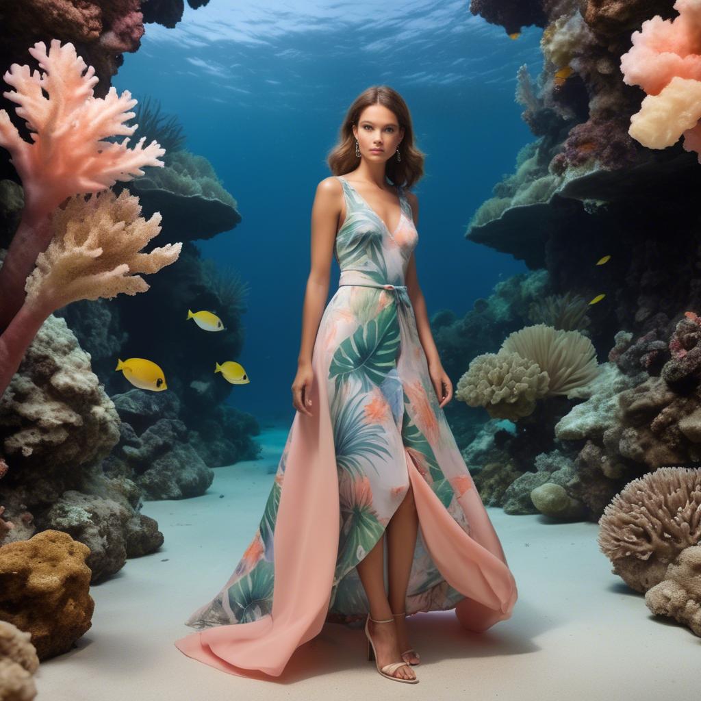 A stunning image of barbudan elegance with a pastel tropical print dress under soft coral reef lighting.