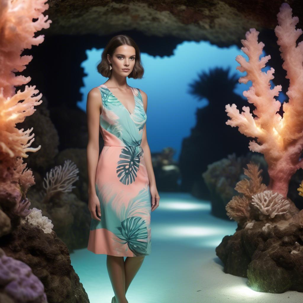 A stunning image of barbudan elegance with a pastel tropical print dress under soft coral reef lighting.