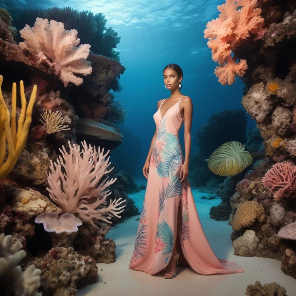 A stunning image of barbudan elegance with a pastel tropical print dress under soft coral reef lighting.