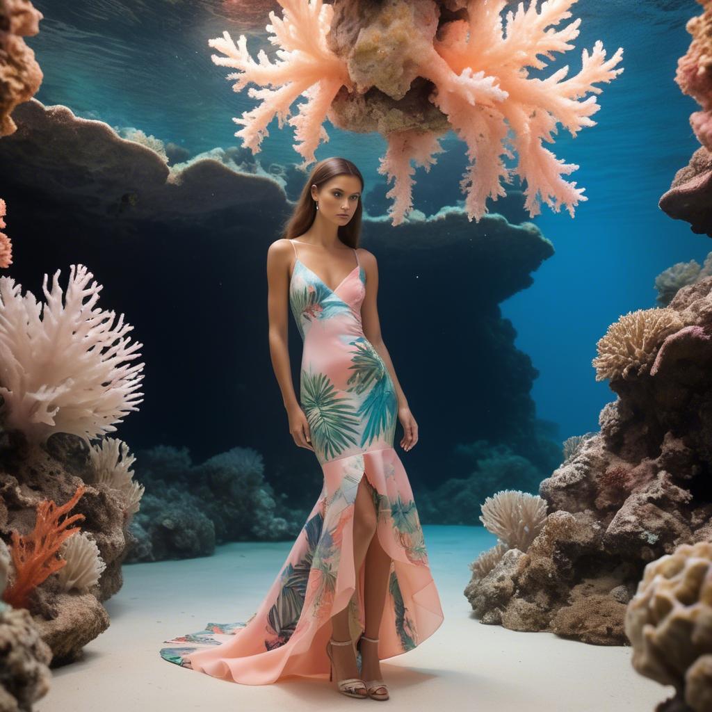 A stunning image of barbudan elegance with a pastel tropical print dress under soft coral reef lighting.