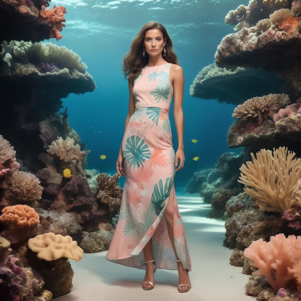 A stunning image of barbudan elegance with a pastel tropical print dress under soft coral reef lighting.