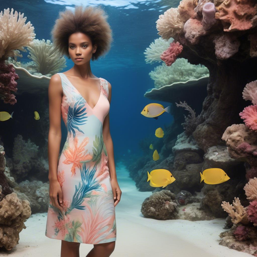 A stunning image of barbudan elegance with a pastel tropical print dress under soft coral reef lighting.